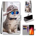 For Xiaomi Redmi Note 8 Coloured Drawing Cross Texture Horizontal Flip PU Leather Case with Holder & Card Slots & Wallet & Lanyard(Slant Hat Blue Mirror Cat)