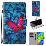 For Xiaomi Redmi Note 9 / 10X 4G Coloured Drawing Cross Texture Horizontal Flip PU Leather Case with Holder & Card Slots & Wallet & Lanyard(Blue Red Butterfly)