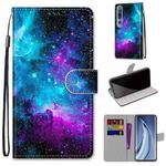 For Xiaomi Mi 10 5G Coloured Drawing Cross Texture Horizontal Flip PU Leather Case with Holder & Card Slots & Wallet & Lanyard(Purple Green Starry Sky)
