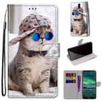 For Nokia 2.3 Coloured Drawing Cross Texture Horizontal Flip PU Leather Case with Holder & Card Slots & Wallet & Lanyard(Slant Hat Blue Mirror Cat)