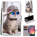 For Nokia C2 Coloured Drawing Cross Texture Horizontal Flip PU Leather Case with Holder & Card Slots & Wallet & Lanyard(Slant Hat Blue Mirror Cat)