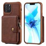 For iPhone 12 / 12 Pro Zipper Shockproof Protective Case with Card Slots & Bracket & Photo Holder & Wallet Function(Coffee)