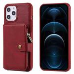 For iPhone 12 Pro Max Zipper Shockproof Protective Case with Card Slots & Bracket & Photo Holder & Wallet Function(Red)