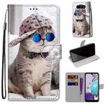 For LG Aristo 5 / K31 Coloured Drawing Cross Texture Horizontal Flip PU Leather Case with Holder & Card Slots & Wallet & Lanyard(Slant Hat Blue Mirror Cat)