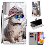 For LG Velvet Coloured Drawing Cross Texture Horizontal Flip PU Leather Case with Holder & Card Slots & Wallet & Lanyard(Slant Hat Blue Mirror Cat)