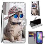 For ZTE Blade A5 2019 Coloured Drawing Cross Texture Horizontal Flip PU Leather Case with Holder & Card Slots & Wallet & Lanyard(Slant Hat Blue Mirror Cat)