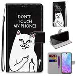 For ZTE Blade V2020 Smart Coloured Drawing Cross Texture Horizontal Flip PU Leather Case with Holder & Card Slots & Wallet & Lanyard(Middle Finger White Cat)