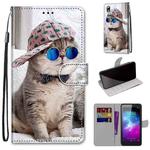 For ZTE Blade L8 / A3 2019 Coloured Drawing Cross Texture Horizontal Flip PU Leather Case with Holder & Card Slots & Wallet & Lanyard(Slant Hat Blue Mirror Cat)