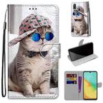 For ZTE Blade V10 Vita Coloured Drawing Cross Texture Horizontal Flip PU Leather Case with Holder & Card Slots & Wallet & Lanyard(Slant Hat Blue Mirror Cat)