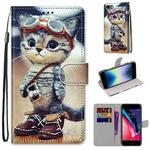 For iPhone SE 2022 / SE 2020 / 8 / 7 Coloured Drawing Cross Texture Horizontal Flip PU Leather Case with Holder & Card Slots & Wallet & Lanyard(Leather Shoes Cat)
