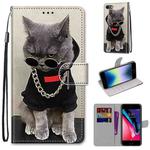 For iPhone SE 2022 / SE 2020 / 8 / 7 Coloured Drawing Cross Texture Horizontal Flip PU Leather Case with Holder & Card Slots & Wallet & Lanyard(B09 Golden Chain Grey Cat)