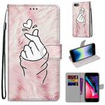 For iPhone SE 2022 / SE 2020 / 8 / 7 Coloured Drawing Cross Texture Horizontal Flip PU Leather Case with Holder & Card Slots & Wallet & Lanyard(Pink Hands Heart)