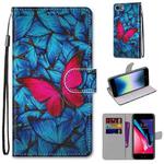 For iPhone SE 2022 / SE 2020 / 8 / 7 Coloured Drawing Cross Texture Horizontal Flip PU Leather Case with Holder & Card Slots & Wallet & Lanyard(Blue Red Butterfly)
