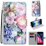 For iPhone SE 2022 / SE 2020 / 8 / 7 Coloured Drawing Cross Texture Horizontal Flip PU Leather Case with Holder & Card Slots & Wallet & Lanyard(Light Pink Bouquet)
