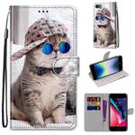 For iPhone SE 2022 / SE 2020 / 8 / 7 Coloured Drawing Cross Texture Horizontal Flip PU Leather Case with Holder & Card Slots & Wallet & Lanyard(Slant Hat Blue Mirror Cat)
