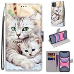 For iPhone 11 Coloured Drawing Cross Texture Horizontal Flip PU Leather Case with Holder & Card Slots & Wallet & Lanyard (Big Cat Holding Kitten)