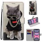 For iPhone 11 Coloured Drawing Cross Texture Horizontal Flip PU Leather Case with Holder & Card Slots & Wallet & Lanyard (B09 Golden Chain Grey Cat)