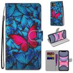 For iPhone 11 Coloured Drawing Cross Texture Horizontal Flip PU Leather Case with Holder & Card Slots & Wallet & Lanyard (Blue Red Butterfly)