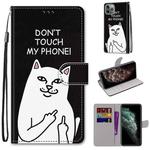 For iPhone 11 Pro Max Coloured Drawing Cross Texture Horizontal Flip PU Leather Case with Holder & Card Slots & Wallet & Lanyard (Middle Finger White Cat)