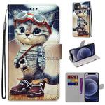For iPhone 12 mini Coloured Drawing Cross Texture Horizontal Flip PU Leather Case with Holder & Card Slots & Wallet & Lanyard (Leather Shoes Cat)