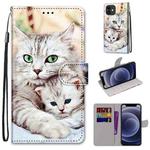 For iPhone 12 mini Coloured Drawing Cross Texture Horizontal Flip PU Leather Case with Holder & Card Slots & Wallet & Lanyard (Big Cat Holding Kitten)