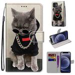 For iPhone 12 mini Coloured Drawing Cross Texture Horizontal Flip PU Leather Case with Holder & Card Slots & Wallet & Lanyard (B09 Golden Chain Grey Cat)