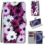 For iPhone 12 mini Coloured Drawing Cross Texture Horizontal Flip PU Leather Case with Holder & Card Slots & Wallet & Lanyard (Chrysanthemum Pink White Purple)