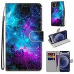 For iPhone 12 mini Coloured Drawing Cross Texture Horizontal Flip PU Leather Case with Holder & Card Slots & Wallet & Lanyard (Purple Green Starry Sky)