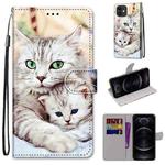 For iPhone 12 / 12 Pro Coloured Drawing Cross Texture Horizontal Flip PU Leather Case with Holder & Card Slots & Wallet & Lanyard(Big Cat Holding Kitten)