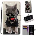 For iPhone 12 / 12 Pro Coloured Drawing Cross Texture Horizontal Flip PU Leather Case with Holder & Card Slots & Wallet & Lanyard(B09 Golden Chain Grey Cat)