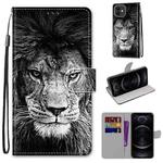 For iPhone 12 / 12 Pro Coloured Drawing Cross Texture Horizontal Flip PU Leather Case with Holder & Card Slots & Wallet & Lanyard(B11 Black White Lion Head)