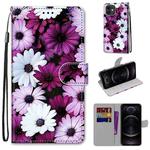 For iPhone 12 / 12 Pro Coloured Drawing Cross Texture Horizontal Flip PU Leather Case with Holder & Card Slots & Wallet & Lanyard(Chrysanthemum Pink White Purple)