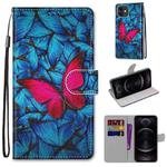 For iPhone 12 / 12 Pro Coloured Drawing Cross Texture Horizontal Flip PU Leather Case with Holder & Card Slots & Wallet & Lanyard(Blue Red Butterfly)