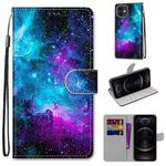 For iPhone 12 / 12 Pro Coloured Drawing Cross Texture Horizontal Flip PU Leather Case with Holder & Card Slots & Wallet & Lanyard(Purple Green Starry Sky)