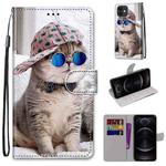 For iPhone 12 / 12 Pro Coloured Drawing Cross Texture Horizontal Flip PU Leather Case with Holder & Card Slots & Wallet & Lanyard(Slant Hat Blue Mirror Cat)