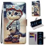 For iPhone 12 Pro Max Coloured Drawing Cross Texture Horizontal Flip PU Leather Case with Holder & Card Slots & Wallet & Lanyard(Leather Shoes Cat)