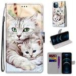 For iPhone 12 Pro Max Coloured Drawing Cross Texture Horizontal Flip PU Leather Case with Holder & Card Slots & Wallet & Lanyard(Big Cat Holding Kitten)