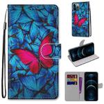 For iPhone 12 Pro Max Coloured Drawing Cross Texture Horizontal Flip PU Leather Case with Holder & Card Slots & Wallet & Lanyard(Blue Red Butterfly)