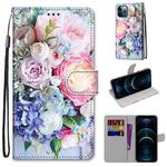 For iPhone 12 Pro Max Coloured Drawing Cross Texture Horizontal Flip PU Leather Case with Holder & Card Slots & Wallet & Lanyard(Light Pink Bouquet)