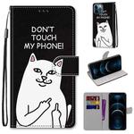 For iPhone 12 Pro Max Coloured Drawing Cross Texture Horizontal Flip PU Leather Case with Holder & Card Slots & Wallet & Lanyard(Middle Finger White Cat)