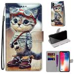 For iPhone X / XS Coloured Drawing Cross Texture Horizontal Flip PU Leather Case with Holder & Card Slots & Wallet & Lanyard(Leather Shoes Cat)