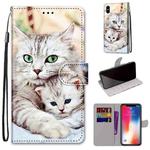 For iPhone X / XS Coloured Drawing Cross Texture Horizontal Flip PU Leather Case with Holder & Card Slots & Wallet & Lanyard(Big Cat Holding Kitten)