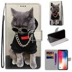 For iPhone X / XS Coloured Drawing Cross Texture Horizontal Flip PU Leather Case with Holder & Card Slots & Wallet & Lanyard(B09 Golden Chain Grey Cat)