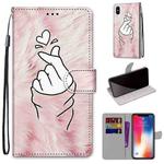 For iPhone X / XS Coloured Drawing Cross Texture Horizontal Flip PU Leather Case with Holder & Card Slots & Wallet & Lanyard(Pink Hands Heart)