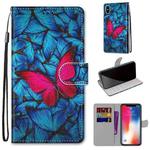 For iPhone X / XS Coloured Drawing Cross Texture Horizontal Flip PU Leather Case with Holder & Card Slots & Wallet & Lanyard(Blue Red Butterfly)