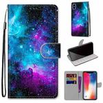 For iPhone X / XS Coloured Drawing Cross Texture Horizontal Flip PU Leather Case with Holder & Card Slots & Wallet & Lanyard(Purple Green Starry Sky)
