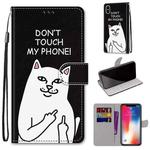 For iPhone X / XS Coloured Drawing Cross Texture Horizontal Flip PU Leather Case with Holder & Card Slots & Wallet & Lanyard(Middle Finger White Cat)