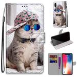 For iPhone X / XS Coloured Drawing Cross Texture Horizontal Flip PU Leather Case with Holder & Card Slots & Wallet & Lanyard(Slant Hat Blue Mirror Cat)