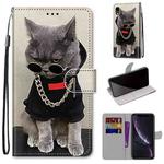 For iPhone XR Coloured Drawing Cross Texture Horizontal Flip PU Leather Case with Holder & Card Slots & Wallet & Lanyard(B09 Golden Chain Grey Cat)