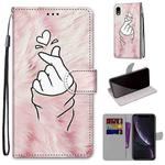 For iPhone XR Coloured Drawing Cross Texture Horizontal Flip PU Leather Case with Holder & Card Slots & Wallet & Lanyard(Pink Hands Heart)